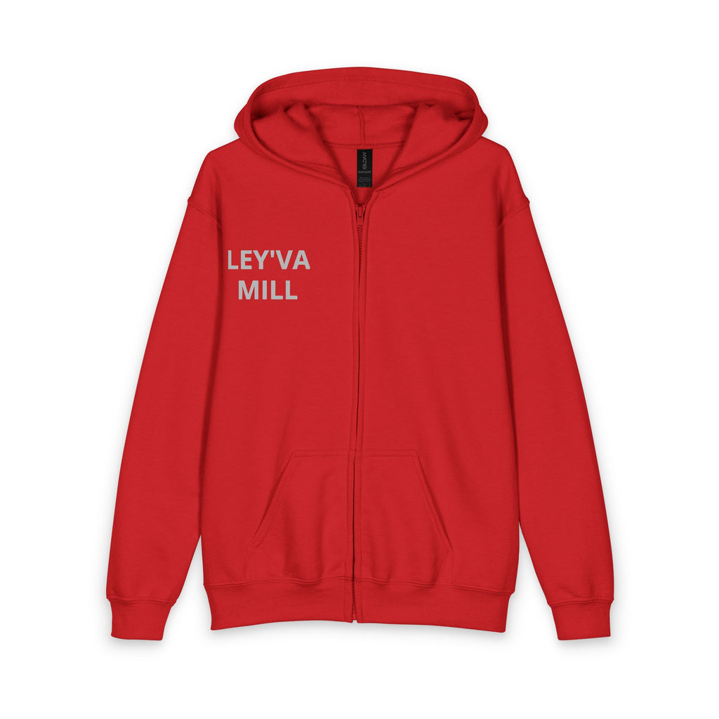 Youth Zip Hoodie with 'Leyva Mill' Left Chest Logo — Red Kids' School Spirit Zip-Up
