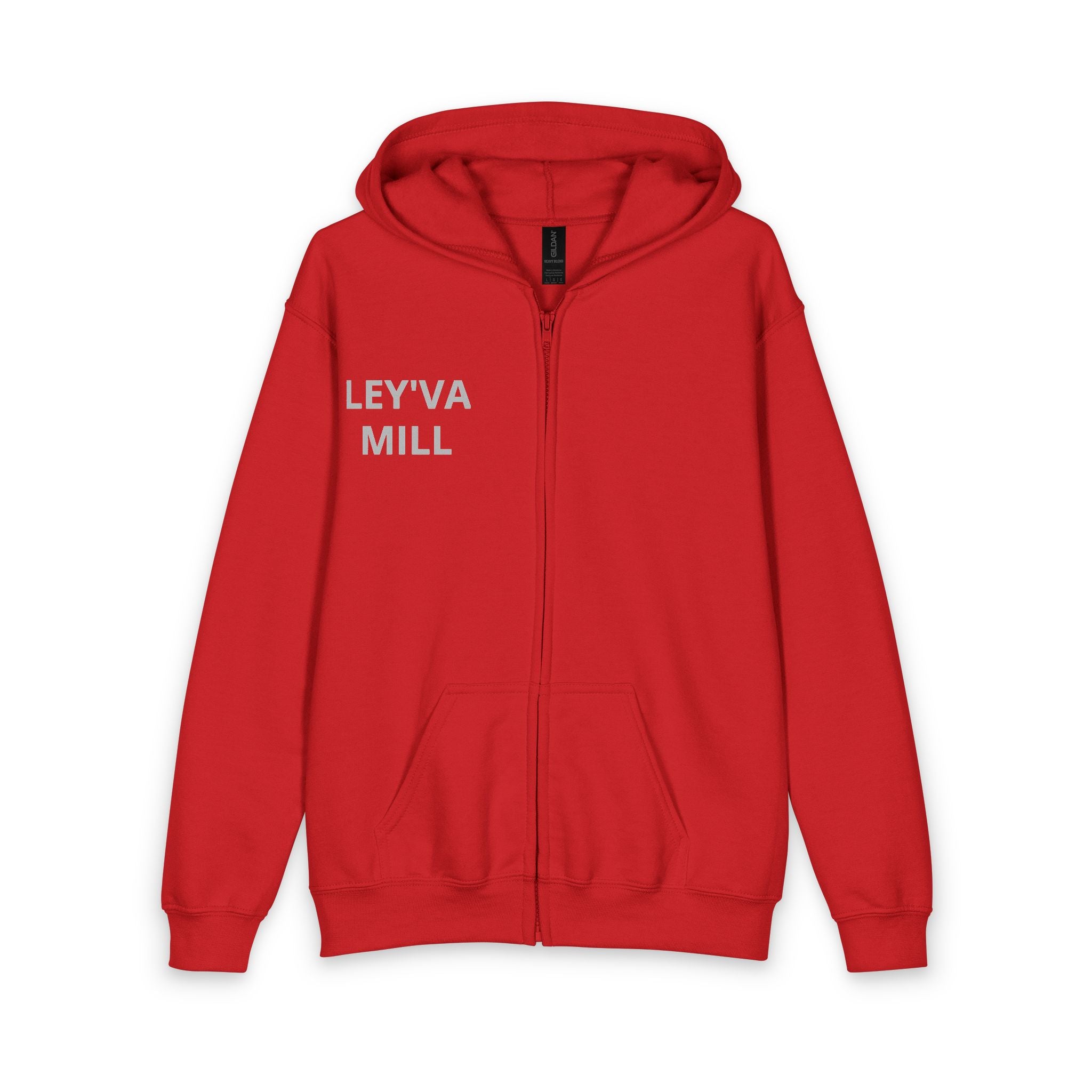 Youth Zip Hoodie with 'Leyva Mill' Left Chest Logo — Red Kids' School Spirit Zip-Up