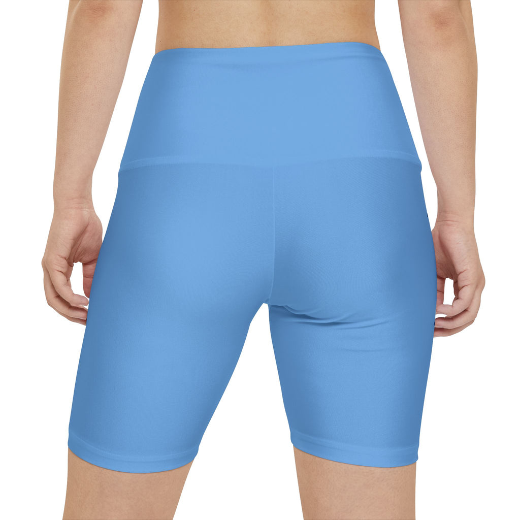 Workout Shorts — Blue Athletic High-Waist Biker Shorts with Bold Lettering