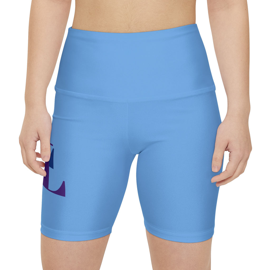 Workout Shorts — Blue Athletic High-Waist Biker Shorts with Bold Lettering