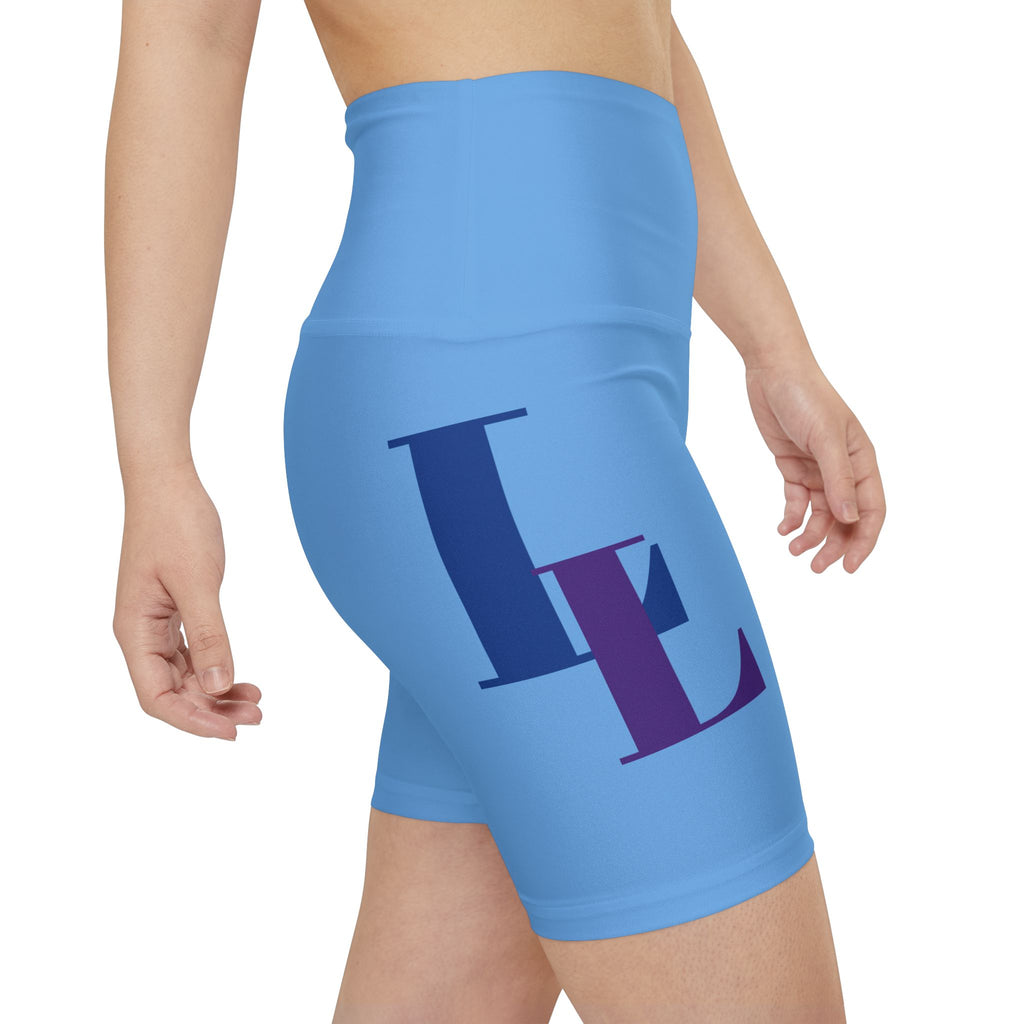 Workout Shorts — Blue Athletic High-Waist Biker Shorts with Bold Lettering