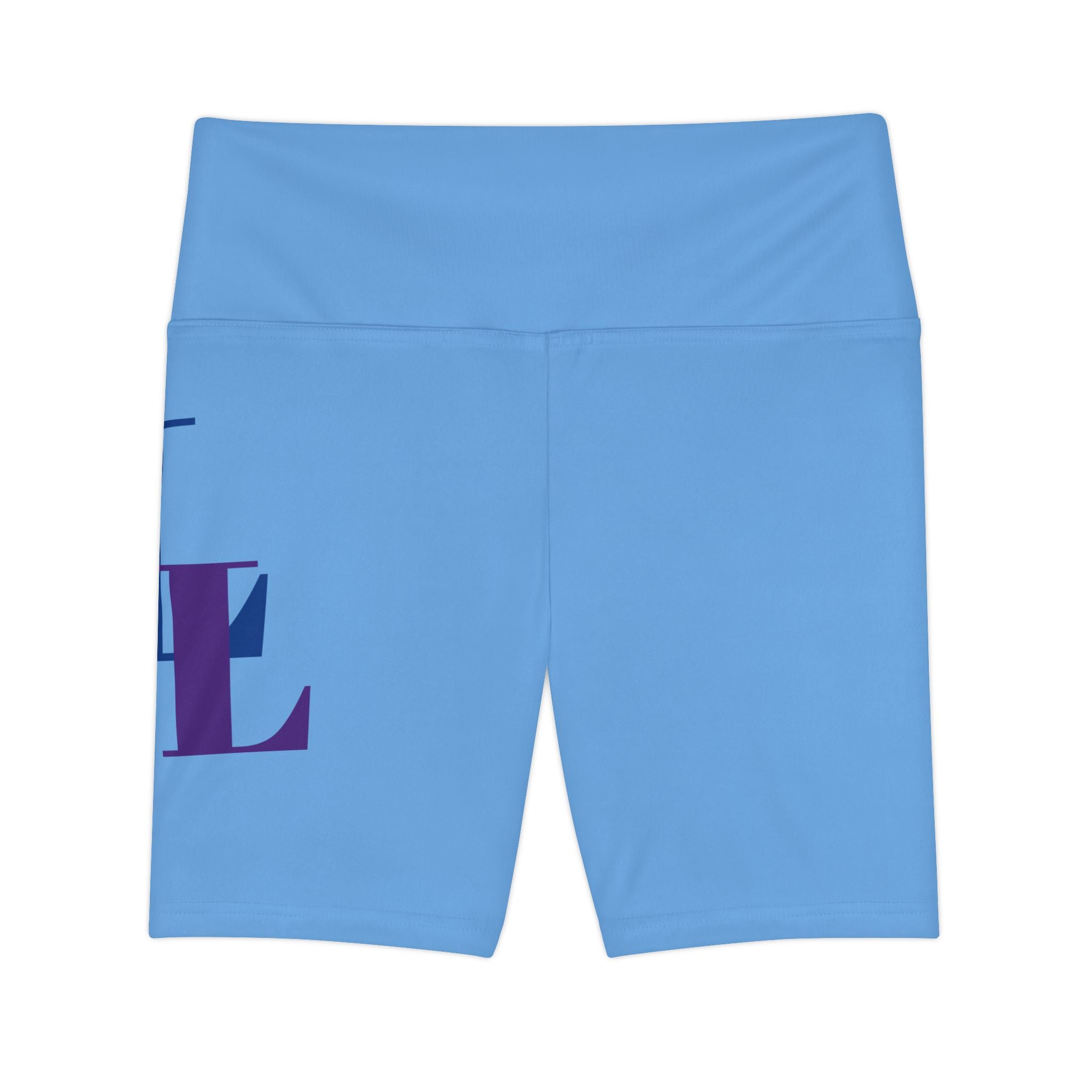 Workout Shorts — Blue Athletic High-Waist Biker Shorts with Bold Lettering